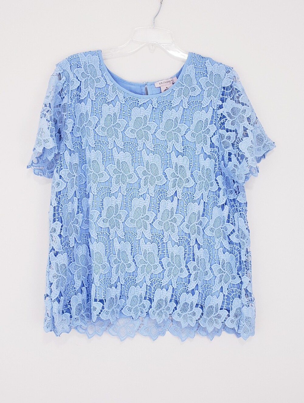 Philosophy Floral Lace Blouse Top Chambray Blue SS Scalloped Hem Size XL